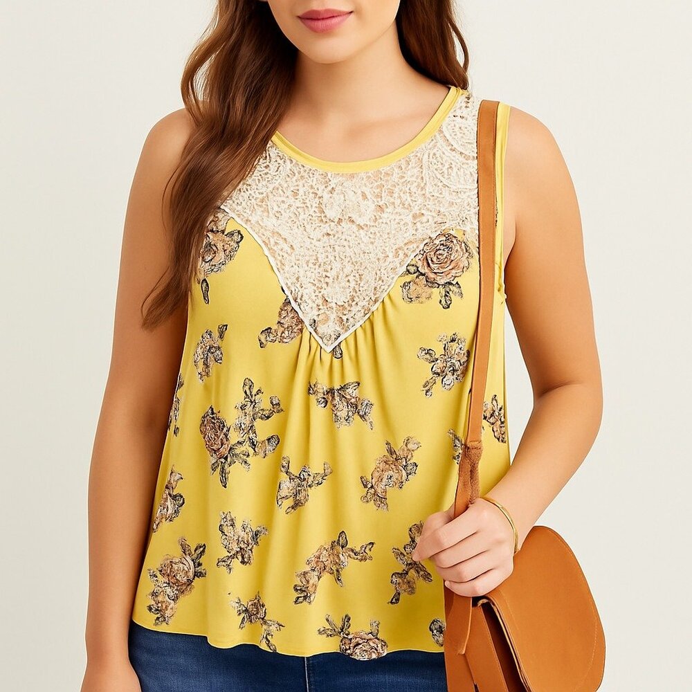 Maurices Yellow Floral Lace Tank Top‎ Crochet Trim Sleeveless Plus 3X Boho NWT